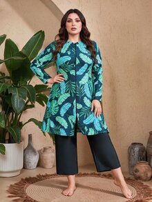 SHEIN Swim 2026春夏新款大尺碼女款休閒度假拉鍊式熱帶葉子印花中東風兩件式泳衣套裝海灘裝 - 水鴨藍 - 查看 1