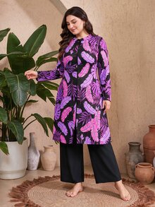 SHEIN Swim 2026春夏新款大尺碼女款休閒度假拉鍊熱帶葉子印花中東兩件式泳衣套裝海灘裝 - 玫紅色 - 查看 4
