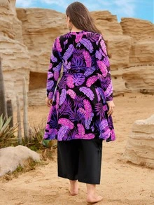 SHEIN Swim 2026春夏新款大尺碼女款休閒度假拉鍊熱帶葉子印花中東兩件式泳衣套裝海灘裝 - 玫紅色 - 查看 2