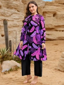 SHEIN Swim 2026春夏新款大尺碼女款休閒度假拉鍊熱帶葉子印花中東兩件式泳衣套裝海灘裝 - 玫紅色 - 查看 5