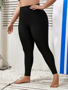 SHEIN Swim Summer Beach Plus Size Solid Color Skinny Swim Pants, Surfing Pants - Black - View 3
