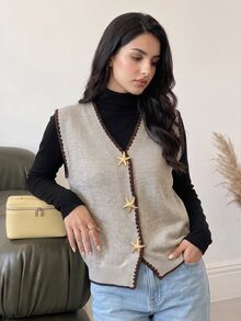 Modelyn Women's Starfish Metal Button Shell Embroidered Knit Vest Jacket - Apricot - View 7