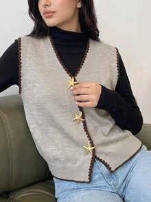 Modelyn Women's Starfish Metal Button Shell Embroidered Knit Vest Jacket - Apricot - View 5