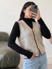 Modelyn Women's Starfish Metal Button Shell Embroidered Knit Vest Jacket - Apricot - View 9