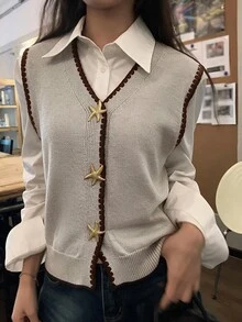 Modelyn Women's Starfish Metal Button Shell Embroidered Knit Vest Jacket - Apricot - View 1