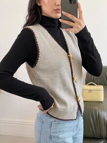Modelyn Women's Starfish Metal Button Shell Embroidered Knit Vest Jacket - Apricot - View 6