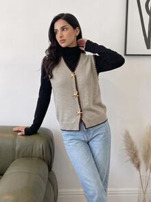 Modelyn Women's Starfish Metal Button Shell Embroidered Knit Vest Jacket - Apricot - View 8