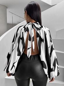 Zolique Women's Printed Batwing Sleeve Backless Tie Back Blouse Fall Cloth For Women - Black and White - View 3