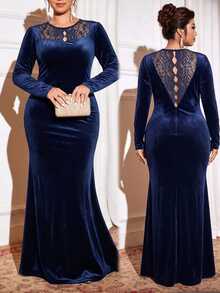 Cravure Plus Size Navy Blue Velvet V-Neck Long Sleeve Mermaid Tail Maxi Dress With Lace Hollow Back Evening Gown Halloween Fall - Navy Blue - View 9