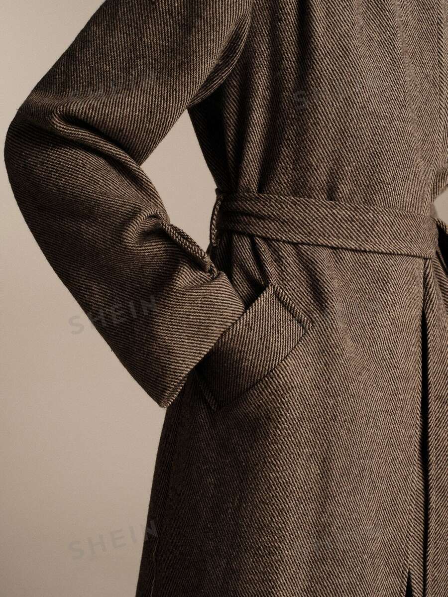 Anewsta Essential Elegant Herringbone Pattern Stand Collar Women's Brown Shoulder Ruffle Tweed Long Coat - Brown - View 1