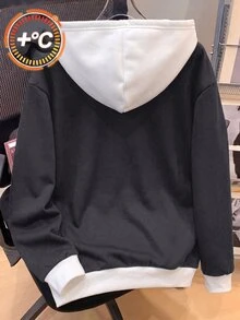SHEIN 青少年男孩休閒拼色白色與深灰色連帽衛衣，英文印花，保暖內裡，簡約百搭日常穿著，秋冬季節 - 深灰色 - 查看 2