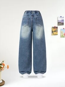 SHEIN 青少年女孩復古Y2K可愛時尚街頭風彈性腰鈕扣前襟藍色蝴蝶結裝飾愛心補丁刺繡寬腿牛仔褲夏季舞會 - 中等水洗藍 - 查看 2