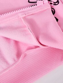 SHEIN Young Girl' 2pcs Cute Zip Up Bow Decor Pocket Fleece Lined Warm Hooded Long Sleeve Short Pink Top For Sports Fall Winter, Oversized, Versatile - Pink - View 5