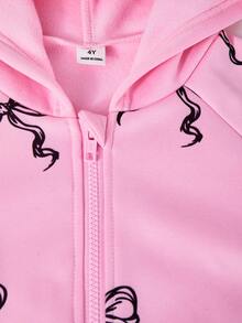 SHEIN Young Girl' 2pcs Cute Zip Up Bow Decor Pocket Fleece Lined Warm Hooded Long Sleeve Short Pink Top For Sports Fall Winter, Oversized, Versatile - Pink - View 3