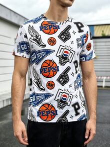 PEPSI X SHEIN Manfinity Dauomo 男士寬鬆版型短袖籃球印花圖案T恤，休閒百搭風格，日常街頭穿搭 - 彩色 - 查看 1