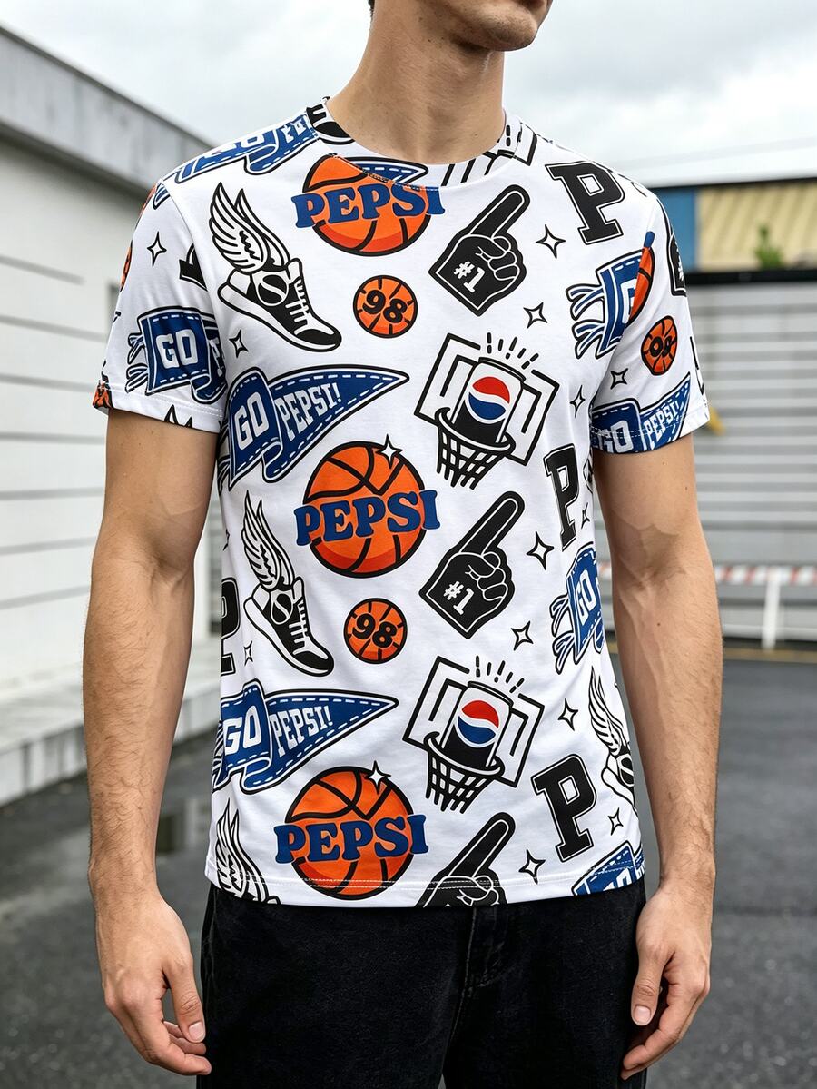 PEPSI X SHEIN Manfinity Dauomo 男士寬鬆版型短袖籃球印花圖案T恤,休閒百搭風格,日常街頭穿搭 - 彩色 - 查看 1