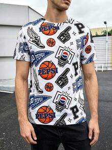 PEPSI X SHEIN Manfinity Dauomo 男士寬鬆版型短袖籃球印花圖案T恤，休閒百搭風格，日常街頭穿搭 - 彩色 - 查看 3