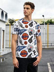 PEPSI X SHEIN Manfinity Dauomo 男士寬鬆版型短袖籃球印花圖案T恤，休閒百搭風格，日常街頭穿搭 - 彩色 - 查看 4