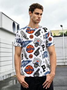 PEPSI X SHEIN Manfinity Dauomo 男士寬鬆版型短袖籃球印花圖案T恤，休閒百搭風格，日常街頭穿搭 - 彩色 - 查看 5