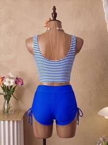 Swim Basics 热销条纹印花吊带泳衣套装，包含系带泳裤和吊带背心，适合海滩度假和泳池派对。 - 彩色 - 查看 3