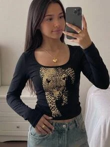 兒童青少年女孩休閒日常百搭舒適豹紋T恤 - 彩色 - 查看 5
