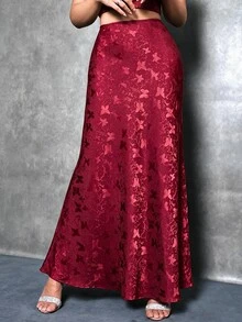 Glamine 女款提花魚尾式長裙，緞面中長裙，優雅長裙，適合女性派對、日常穿著，黑色中長裙 - 酒紅色 - 查看 6