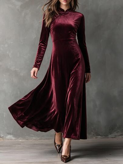 Offisola Autumn/Winter Elegant New Chinese Style Velvet Dress For Women, Stand Collar With Frog Button Design, A-Line Long Sleeve Midi Dress, Suitable For Mature Elegant Mothers And Grandmothers, Formal Occasions And Banquets