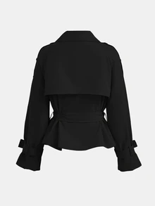 SHEIN Girlism 青少年女孩黑色雙排扣收腰短款風衣，附翻領、腰帶與肩章，優雅秋季外套，適合日常通勤與冬季時尚 - 黑色 - 查看 2