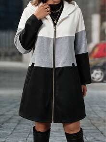 EMERY ROSE Plus Size Women's Elegant Hooded Mid-Length Jacket, Multi-Color Contrast Design, Slimming Minimalist Cut With Multi-Functional Pockets, Suitable For Daily Wear, Commuting, Dating And Gatherings - Multicolor - View 6