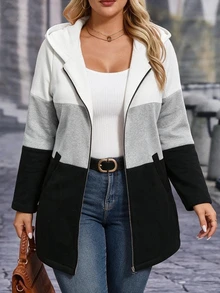 EMERY ROSE Plus Size Women's Elegant Hooded Mid-Length Jacket, Multi-Color Contrast Design, Slimming Minimalist Cut With Multi-Functional Pockets, Suitable For Daily Wear, Commuting, Dating And Gatherings - Multicolor - View 3
