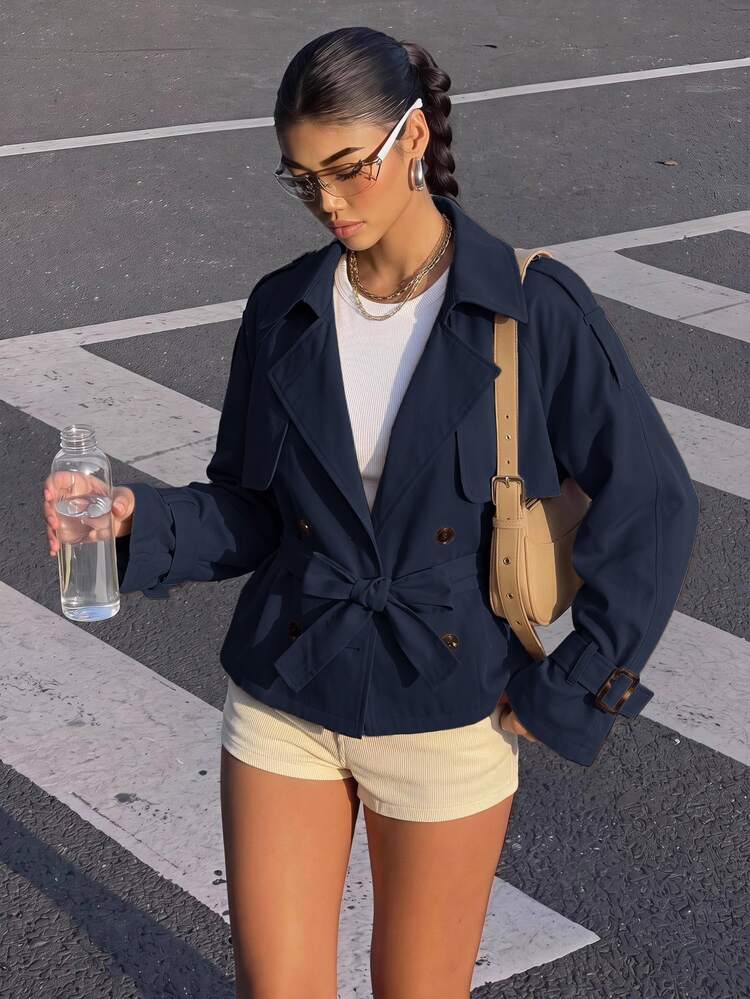 SHEIN Girlism Teen Girl Navy Double-Breasted Cinched Waist Cropped Trench Coat, Epaulette, Buckle, Fall Jacket, Fall Outfits, Coat, Winter, Elegant, , Tailored - Navy Blue - View 3