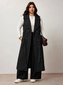 Enliva Plus-Size Women's Black Sleeveless Casual Trench Coat, Leather JacketApple,Rounded Body - Black - View 5