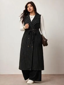 Enliva Plus-Size Women's Black Sleeveless Casual Trench Coat, Leather JacketApple,Rounded Body - Black - View 4