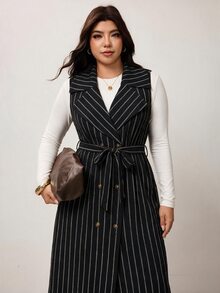 Enliva Plus-Size Women's Black Sleeveless Casual Trench Coat, Leather JacketApple,Rounded Body - Black - View 3