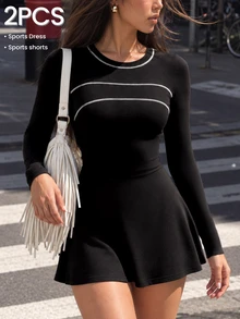 Pariaura Autumn/Winter Women's Sports Dress, Simple Black Tight Long Sleeve U-Neck Color Block Striped Patchwork With Detachable Shorts Pockets, Daily Modest - Black - View 2