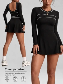 Pariaura Autumn/Winter Women's Sports Dress, Simple Black Tight Long Sleeve U-Neck Color Block Striped Patchwork With Detachable Shorts Pockets, Daily Modest - Black - View 4