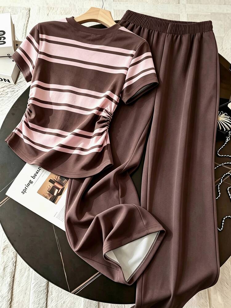Resyla Summer Outing Outfit, Women's Waist-Cinching T-Shirt And Pants Set, Classic Brown And Pink Striped Print Pattern, Pattern Design, Daily Wear, Casual Versatile, Waist-Cinching Design - Multicolor - View 2