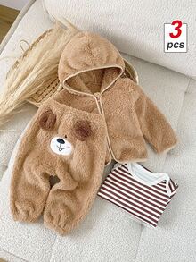 SHEIN Playful Pals 4件組新生兒男嬰外套連身褲長褲套裝，可愛甜美棕色鐵鏽色毛茸茸小熊條紋長袖連帽加厚冬季秋季聖誕毛絨裝 - 棕色 - 查看 16