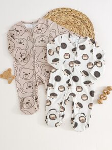 SHEIN Newborn Baby Boy Baby Girl Cute Bear & Forest Hedgehog Pattern Rompers, 2-Piece Set - Multicolor - View 3