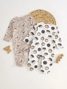SHEIN Newborn Baby Boy Baby Girl Cute Bear & Forest Hedgehog Pattern Rompers, 2-Piece Set - Multicolor - View 2