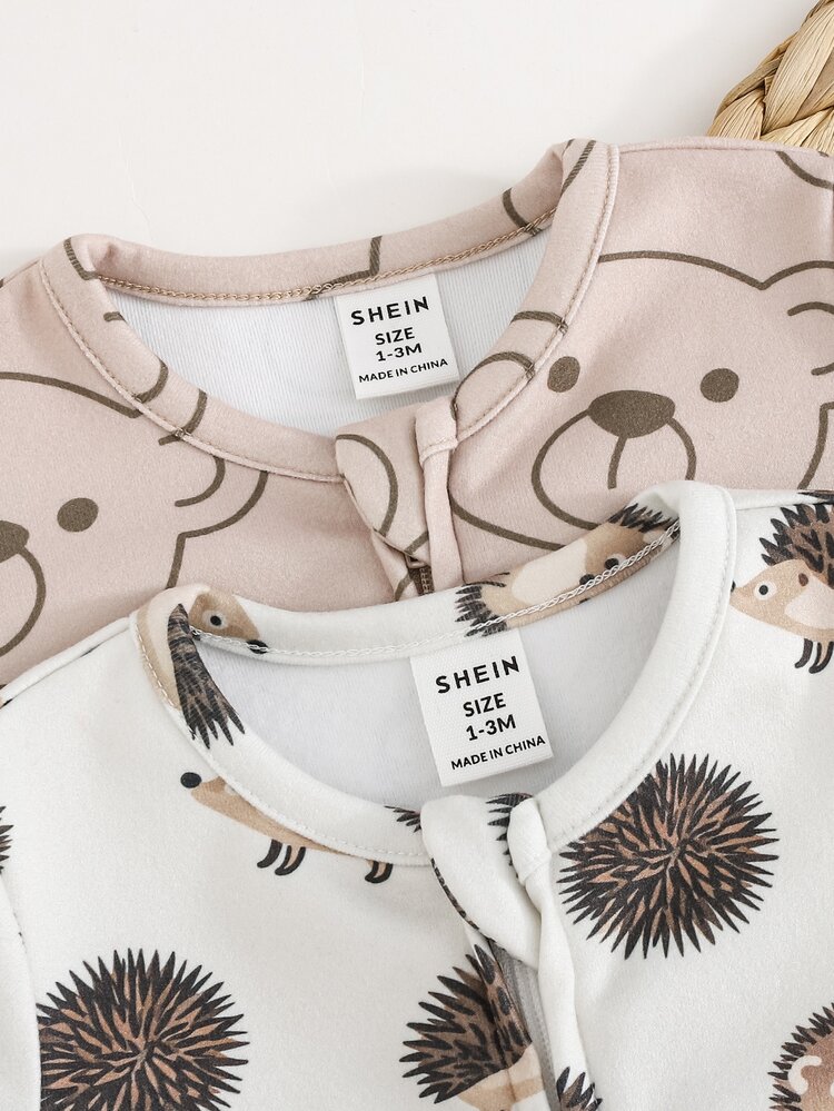 SHEIN Newborn Baby Boy Baby Girl Cute Bear & Forest Hedgehog Pattern Rompers, 2-Piece Set - Multicolor - View 4