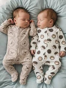 SHEIN Newborn Baby Boy Baby Girl Cute Bear & Forest Hedgehog Pattern Rompers, 2-Piece Set - Multicolor - View 1