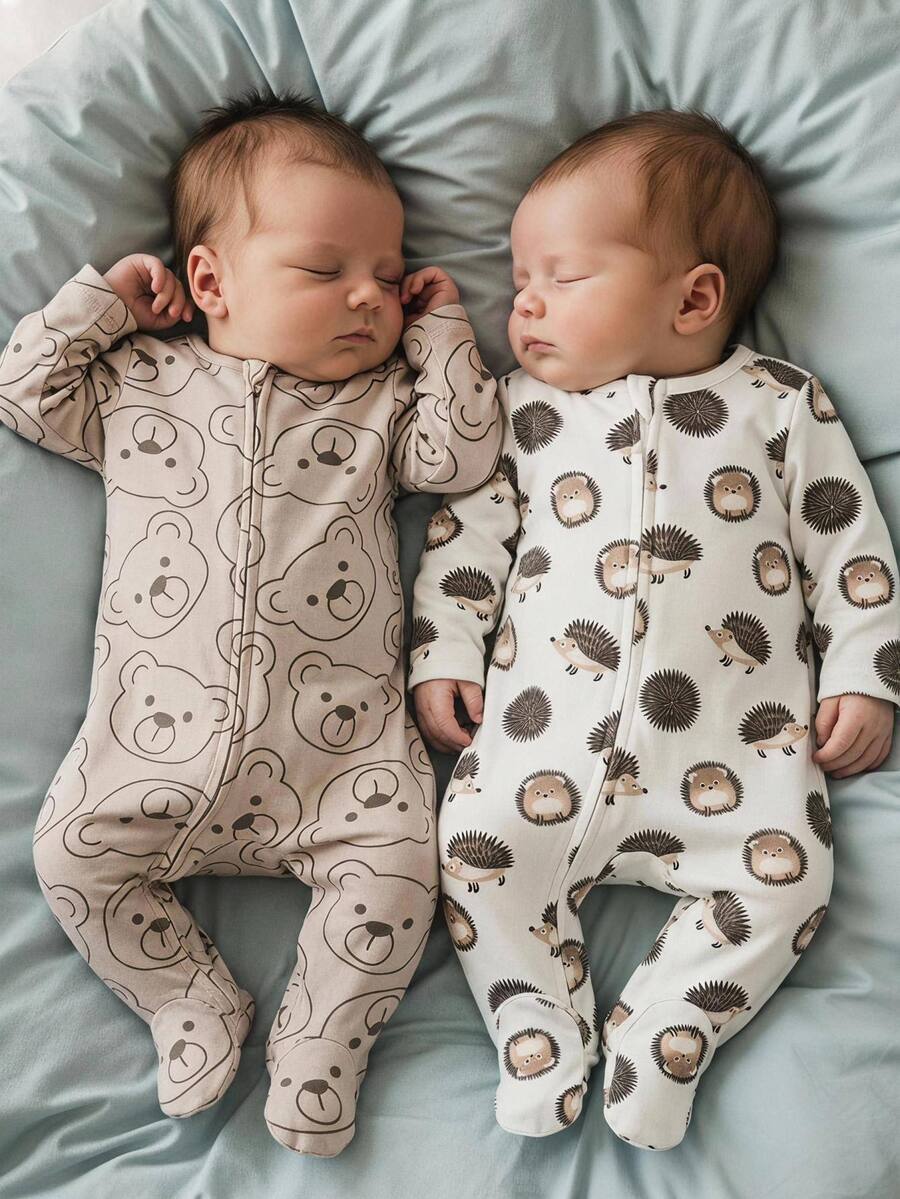 SHEIN Newborn Baby Boy Baby Girl Cute Bear & Forest Hedgehog Pattern Rompers, 2-Piece Set - Multicolor - View 1
