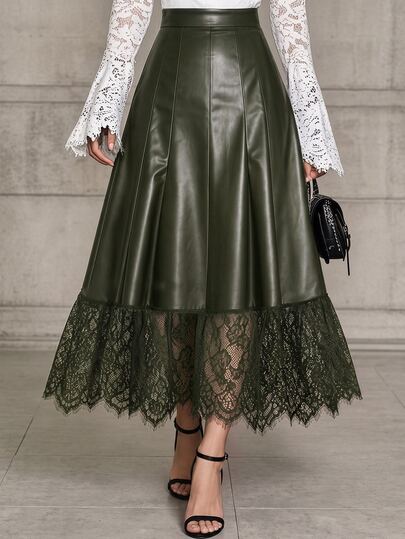 Velvienne Women's Fashion Elegant PU Leather & Contrast Lace A-Line Waist-Cinching Skirt, Early Autumn New Style, Suitable For Date, Daily Commute
