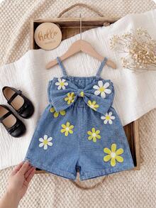 SHEIN Babygirl Cute Casual Summer Blue Print Bow Strap Romper - Blue - View 3