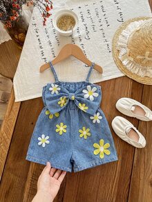 SHEIN Babygirl Cute Casual Summer Blue Print Bow Strap Romper - Blue - View 2