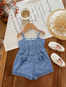 SHEIN Babygirl Cute Casual Summer Blue Print Bow Strap Romper - Blue - View 5