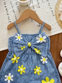 SHEIN Babygirl Cute Casual Summer Blue Print Bow Strap Romper - Blue - View 6