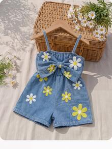 SHEIN Babygirl Cute Casual Summer Blue Print Bow Strap Romper - Blue - View 4