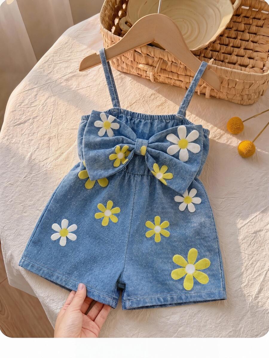 SHEIN Babygirl Cute Casual Summer Blue Print Bow Strap Romper - Blue - View 1